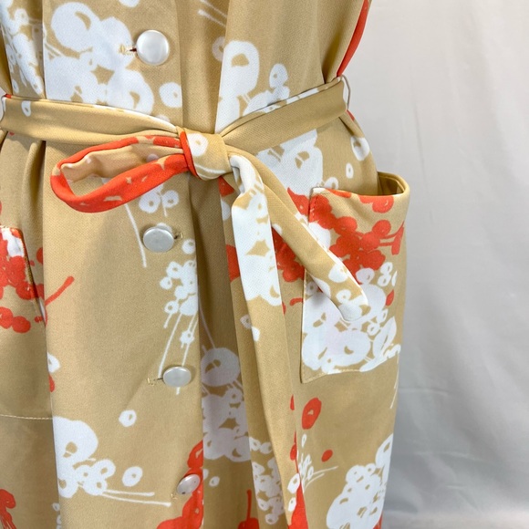 VINTAGE 70s earthy floral house day dress button front midi short sleeve pockets - Picture 5 of 11